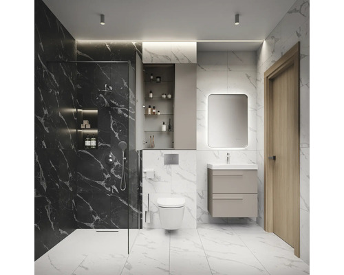Salle de bain moderne avec douche, toilettes, lavabo et miroir