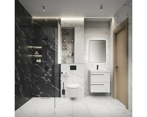 Salle de bain moderne avec douche, toilettes, lavabo et miroir
