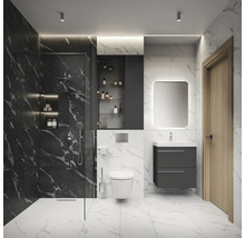 Salle de bain moderne avec douche, lavabo, armoire de toilette et WC