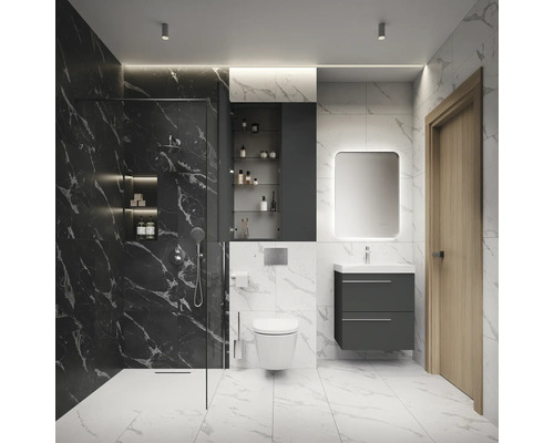 Salle de bain moderne avec douche, lavabo, armoire de toilette et WC