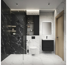 Salle de bains moderne avec douche, toilettes, lavabo et armoire de toilette.