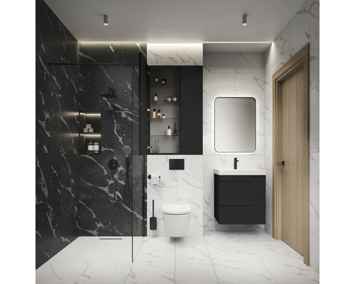 Salle de bains moderne avec douche, toilettes, lavabo et armoire de toilette.