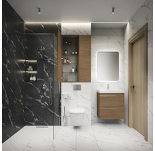 Salle de bain moderne avec douche, toilettes, lavabo et armoire de toilette