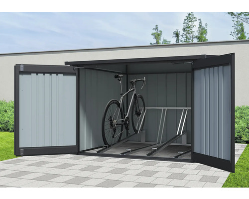 Garage à vélos en métal avec portes ouvertes et range-vélos