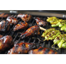 Ailes de poulet grillées et poivrons sur un gril.