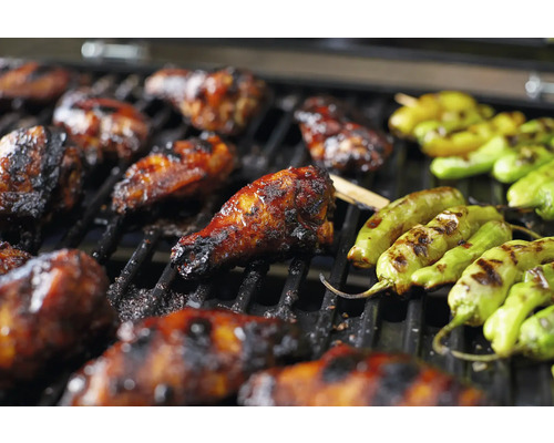 Ailes de poulet grillées et poivrons sur un gril.