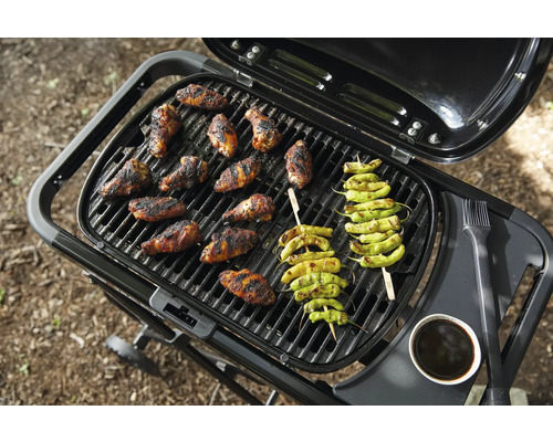 Grill avec des ailes de poulet et des brochettes de poivrons