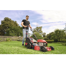 Mann mäht Rasen mit einem AL-KO Rasenmäher im Garten.