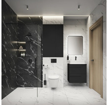 Salle de bain lumineuse avec douche, lavabo, armoire de toilette et WC.