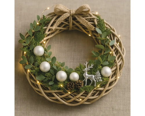 Couronne de Noël décorative avec ruban, boules, pommes de pin, bois de cerf et éclairage