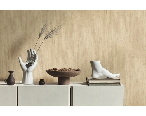 Scène décorative avec un vase en forme de main, un bol avec des billes et une sculpture de pied sur une armoire