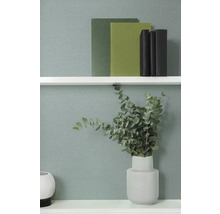 Scène d'étagère décorative avec des livres et un vase d'eucalyptus