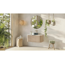 Salle de bain avec meuble-lavabo, miroir, plantes suspendues et décorations pour une ambiance lumineuse et conviviale.