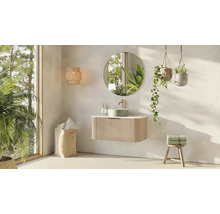 Salle de bains avec meuble-lavabo, miroir, plantes suspendues et décorations dans un style clair et convivial.
