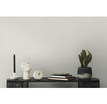 Éléments décoratifs sur une table noire, comprenant une bougie, un buste, une horloge, des livres et une plante en pot.