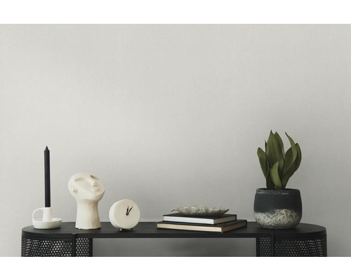 Éléments décoratifs sur une table noire, comprenant une bougie, un buste, une horloge, des livres et une plante en pot.