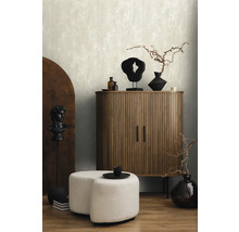 Salon avec armoire en bois, sculptures et objets décoratifs pour une ambiance élégante.