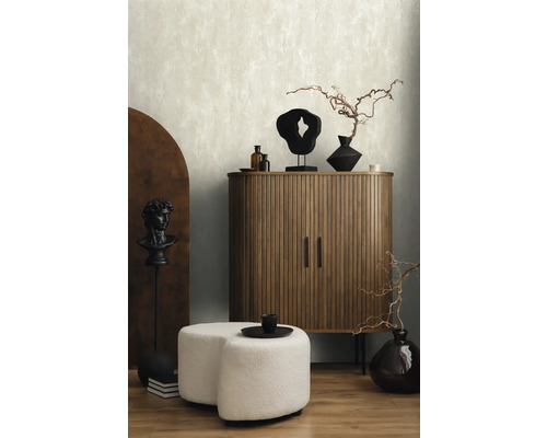 Salon avec armoire en bois, sculptures et objets décoratifs pour une ambiance élégante.