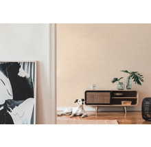 Salon avec meuble en bois, décoration, œuvre d'art et un chien sur un tapis.