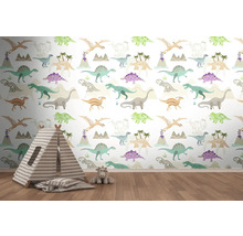 Kinderzimmer mit Dinosaurier-Tapete, Spielzelt und Stofftier