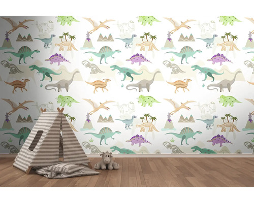 Kinderzimmer mit Dinosaurier-Tapete, Spielzelt und Stofftier