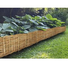 Scène de jardin avec une clôture en osier délimitant une plate-bande