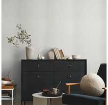 Salon avec commode noire, décoration et siège