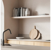 Scène de cuisine avec évier, robinet, étagères et ustensiles de cuisine