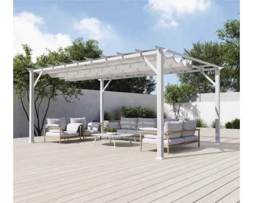 Pergola blanche avec mobilier dans le jardin