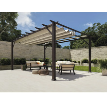 Pergola mit ausziehbarem Sonnenschutz und Gartenmöbeln auf Terrasse