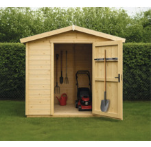 Abri de jardin avec porte ouverte, tondeuse à gazon, arrosoir et outils de jardin