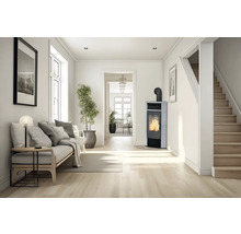 Salon avec poêle à bois, canapé, plante et escalier au design clair