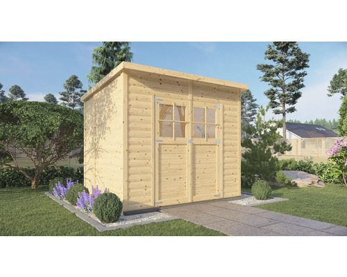 Abri de jardin Bertilo Udo avec dalle de sol 252 x 200 cm naturel Abri de jardin en bois avec porte double et fenêtres