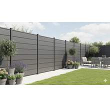 Vue de jardin avec un écran de confidentialité moderne, des meubles de jardin et des plantes décoratives en pots.