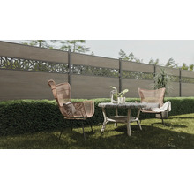 Scène de jardin avec clôture en composite bois-plastique à motifs, table de jardin et deux fauteuils en rotin