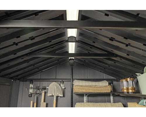 Vue intérieure d'un abri de jardin avec des étagères, des outils et de l'éclairage