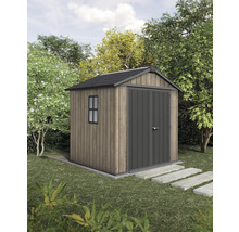 Abri de jardin avec double porte, fenêtre et toit à deux pans dans le jardin