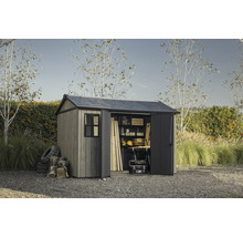 Abri de jardin avec portes ouvertes, outils et étagères en bois