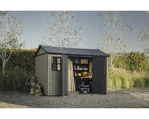 Abri de jardin avec portes ouvertes, outils et étagères en bois