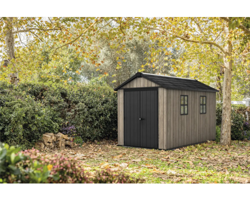 Abri de jardin en bois avec porte double et fenêtres dans le jardin