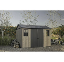 Abri de jardin avec double porte, fenêtres et toit à deux versants