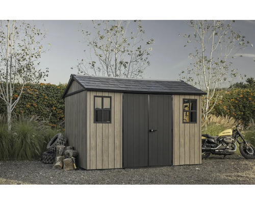 Abri de jardin avec double porte, fenêtres et toit à deux versants