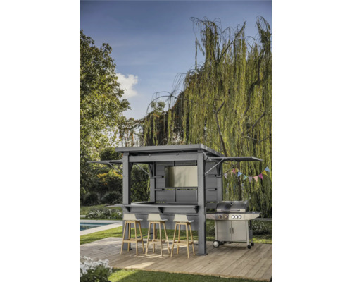 Bar d'extérieur avec barbecue et tabourets dans le jardin