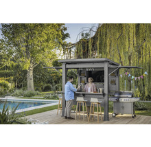 Scène d'un bar de jardin avec barbecue, équipé de tabourets et de deux personnes qui trinquent