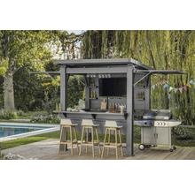 Cuisine extérieure complète avec barbecue, bar, télévision et tabourets de bar sur une terrasse