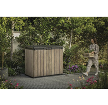 Armoire de jardin à l'extérieur avec une femme portant des plantes
