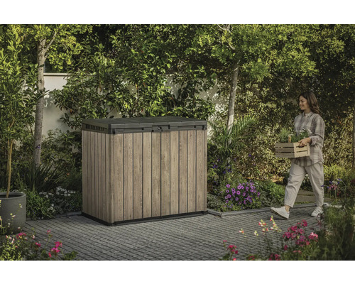 Armoire de jardin à l'extérieur avec une femme portant des plantes