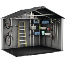 Abri de jardin ouvert avec étagères, échelle, vélo et outils de jardin pour le rangement dans le jardin