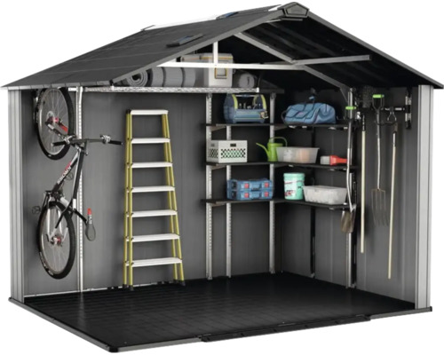 Abri de jardin ouvert avec étagères, échelle, vélo et outils de jardin pour le rangement dans le jardin