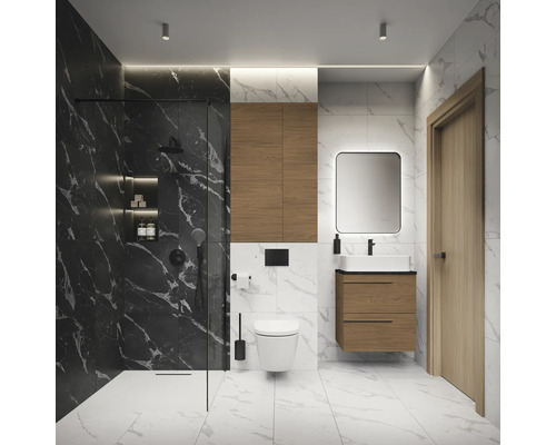 Modernes Badezimmer mit Dusche, Waschtisch, Spiegelschrank und Toilette